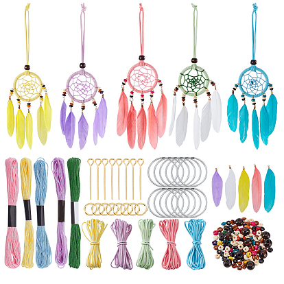 Наборы для изготовления сеток/паутины своими руками с перьями, включают в себя бусину из натурального клена, Шнуры из искусственной замши, большой кулон с пером, Нитки хлопчатобумажные швейные