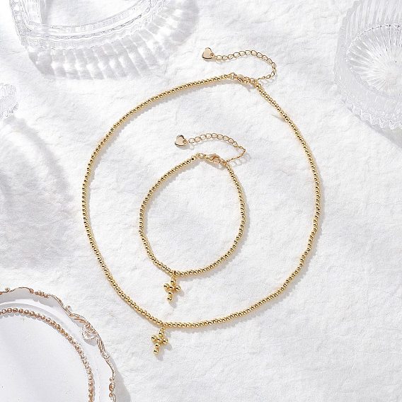 Комплекты украшений из латунных круглых бусин, включая ожерелье и браслеты, крестик