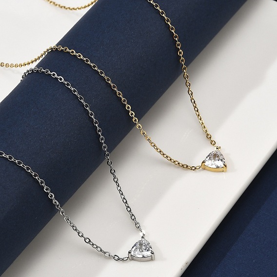 304 ожерелья из нержавеющей стали с треугольным кулоном из кубического циркония для женщин, ионное покрытие (ip)