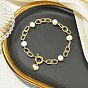 Brass Heart Pendant Textured Cable Chain Bracelets with Natural Cultured Freshwater Pearl Beads, White