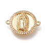 Brass Links Connectors, with Micro Pave Clear Cubic Zirconia, Flat Round with Virgin Mary