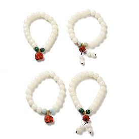 Round Natural White Jade Stretch Bracelets, with Cinnabar
