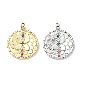 Латунные микро-паве красочные кубические циркониевые подвески, плоский круглый с подвесками в виде лотоса, стойки покрытие, долговечный, без кадмия и без свинца