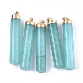 Natural White Jade Big Pendants, with Brass Findings, Dyed, Column, Golden, Turquoise