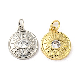 Rack Plating Brass Micro Pave Cubic Zirconia Pendants, with Jump Ring, Cadmium Free & Lead Free, Long-Lasting Plated, Flat Round