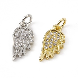 Brass Micro Pave Clear Cubic Zirconia Wing Charms, with Open Jump Rings