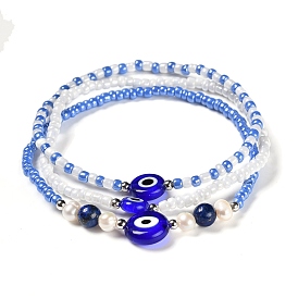Stretch Bracelets Sets, Stackable Bracelets, with Natural Gemstone Beads, Evil Eye Handmade Lampwork Beads, Glass Seed Beads, Natural Pearl Beads and Brass Beads