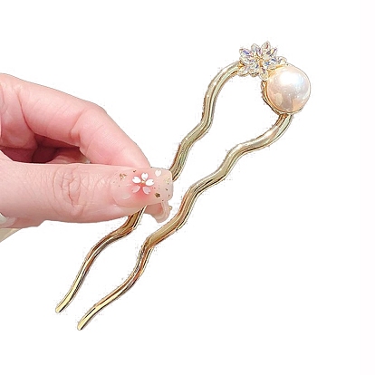 Alloy Hair Sticks, with Imitation Pearl, Flower