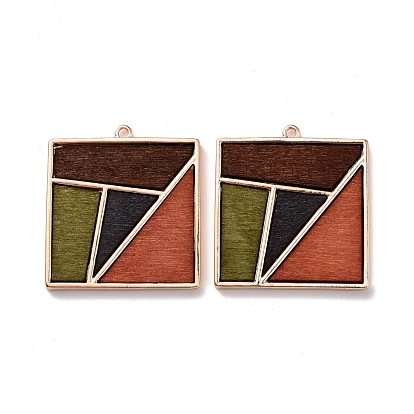 Dyed Wood Pendants, with Light Gold Plated Alloy Findings, Square with Geometric Pattern
