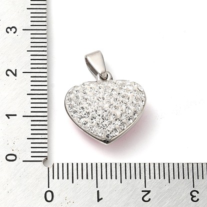 304 Stainless Steel Pendants, with Polymer Clay Rhinestone, Heart Charm, Stainless Steel Color