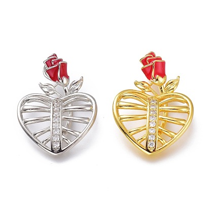 Латунные микропаве прозрачные подвески с фианитом, красной эмалью, долговечный, Сердце с розой