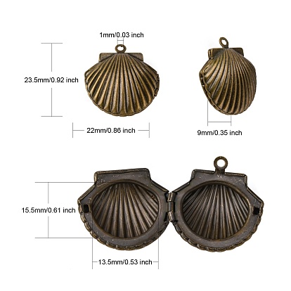 Brass Locket Pendants, Shell, Tray: 15.5x13.5mm, 23.5x22x9mm, Hole: 1mm