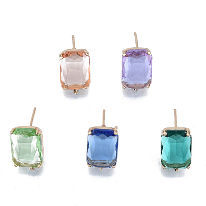 K9 Glass Stud Earring Findings, with Light Gold Plated Brass Pins and Vertical Loops, Rectangle, Cadmium Free & Lead Free