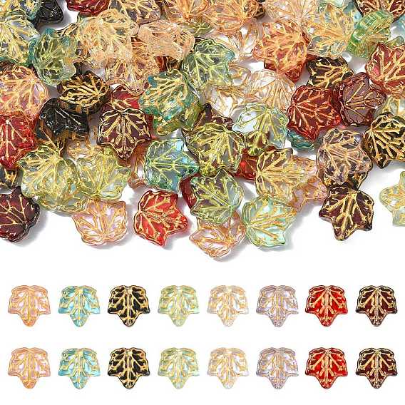 100Pcs Handmade Lampwork Beads, Golden Metal Enlaced, Maple Leaf