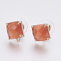 Faceted Glass Stud Earring Findings, with Loop, Light Gold Plated Brass Findings, Square
