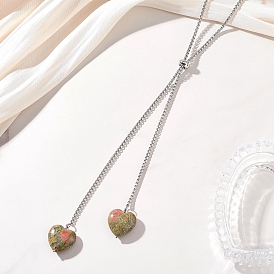 304 Колье-лариата из нержавеющей стали с коробчатой цепочкой, Натуральные подвески в форме сердца из унакита на цепочке