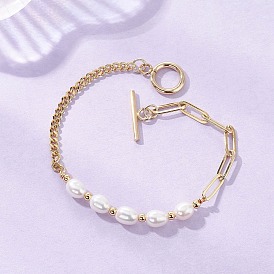 Браслеты из натурального культивированного пресноводного жемчуга с бисером, латунные цепочки-скрепки и панцирные браслеты для женщин, с 304 из нержавеющей стали тумблеров застежками