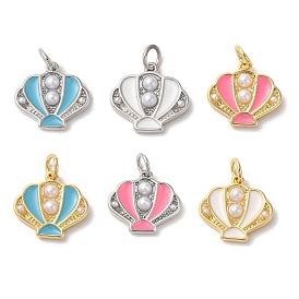 Rack Plating Brass Enamel Pendants, with Glass Pearl and Jump Ring, Long-Lasting Plated, Cadmium Free & Lead Free, Shell Shape Charm