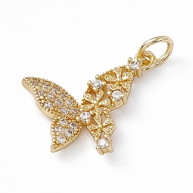 Rack Plating Brass Cubic Zirconia Pendants, Butterfly Charm, with Jump Ring, Long-Lasting Plated, Lead Free & Cadmium Free