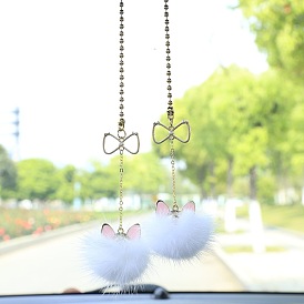 Faux Fur Ball Cat Alloy Pendant Decorations, Cute Cat Hanging Ornament with Iron Beads Chain, for Car Decoration