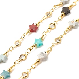 Brass Glass Oval Link Chains, with Natural Mixed Stone Star Beaded, Long-Lasting Plated, Soldered, with Spool