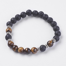 Natural Lava Rock Beads Stretch Bracelets, with Tiger Eye and Alloy Finding