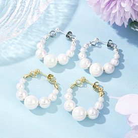 2 Pairs 2 Colors Shell Pearl Beaded Dangle Stud Earrings, with 304 Stainless Steel Stud Earring Findings