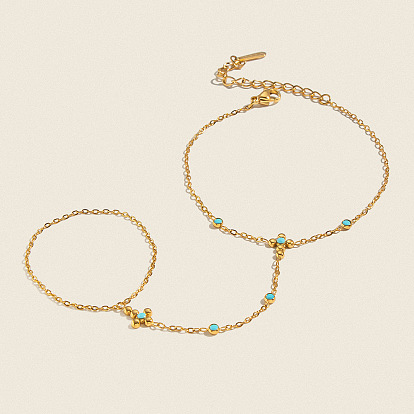 Turquoise naturelle 304 Bracelets bagues en acier inoxydable avec chaîne à motif floral pour femmes