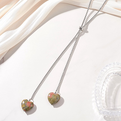 304 Колье-лариата из нержавеющей стали с коробчатой цепочкой, Натуральные подвески в форме сердца из унакита на цепочке