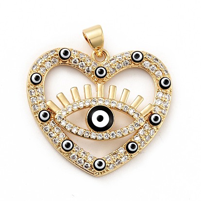Rack Plating Brass Micro Pave Clear Cubic Zirconia Pendants, with Enamel, Cadmium Free & Lead Free, Heart with Evil Eye, Real 18K Gold Plated