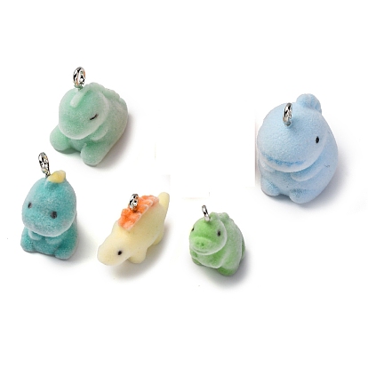 Pendentifs en résine floquée, dinosaure, avec boucle en fer platine