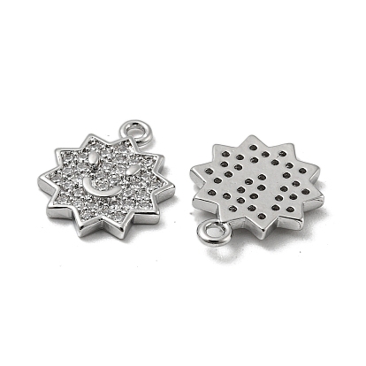 Brass Micro Pave Clear Cubic Zirconia Charms, Flower with Smile Face