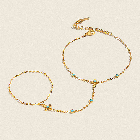 Natural Turquoise 304 Stainless Steel Flower Hand Chain Ring Bracelets for Women