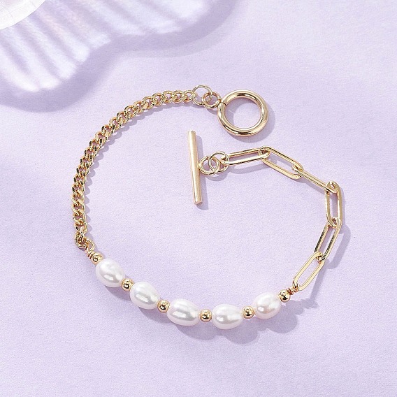 Браслеты из натурального культивированного пресноводного жемчуга с бисером, латунные цепочки-скрепки и панцирные браслеты для женщин, с 304 из нержавеющей стали тумблеров застежками