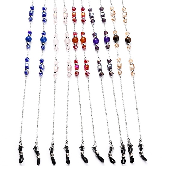 304 Stainless Steel Eyeglasses Chains, Neck Strap for Eyeglasses, with Cable Chains, Glass Beads, Natural Gemstone Round Beads and Rubber Loop Ends, Mixed Color