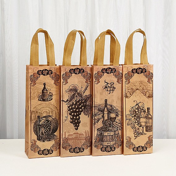 Печатные нетканые многоразовые складные подарочные пакеты для винных бутылок с ручкой, портативная водонепроницаемая сумка для покупок для упаковки подарков, прямоугольник с виноградом