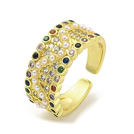 Brass Micro Pave Cubic Zirconia Cuff Rings, with ABS Plastic Pearl, Open Rings for Women