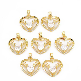 Rack Plating Brass Micro Pave Clear Cubic Zirconia Pendants, Long-Lasting Plated, Cadmium Free & Lead Free, Heart