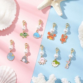 9 шт. 9 стили сплав эмаль морские животные подвесные украшения, с жемчугом из раковины , разноцветные