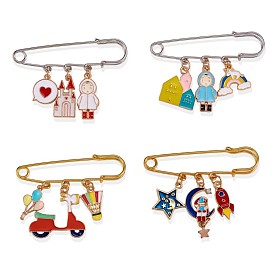 4Pcs 4 Style Castle & Girl & Planet & Motorbike Enamel Charms Safety Pins Brooches, Cute Cartoon Alloy Badges for Sweater Shirt Dresses Decoration Accessories, Golden