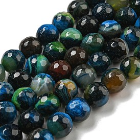 Faceted Natural Banded Agate Beads Strands, Round, Dyed & Heated