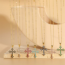 Ожерелье с подвеской из латуни и кубического циркона из настоящего золота для женщин, крестик