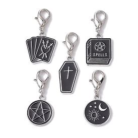 Alloy Enamel Pendants Decorations, with Alloy Lobster Claw Clasps, Coffin & Book & Flat Round with Star & Moon
