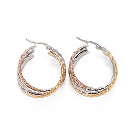 304 Stainless Steel Triple Hoop Earrings, Hypoallergenic Earrings, Textured Oval