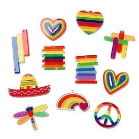 Rainbow Color Printed Acrylic Pendants, Heart/Sombrero/Peace Sign/Rectangle/Dragonfly/Rainbow Charm