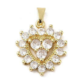 Rack Plating Brass Micro Pave Cubic Zirconia Pendants, Cadmium Free & Lead Free, Real 18K Gold Plated, Long-Lasting Plated, Heart