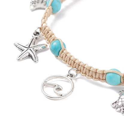 Bracelet de cheville en perles synthétiques turquoise tressées, Bracelet de cheville ajustable avec breloque en alliage de tortue, d'étoile de mer et de coquillage pour femme