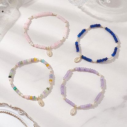 304 из нержавеющей стали шарм браслеты, Браслеты-рондели из натурального культивированного пресноводного жемчуга и окрашенного белого нефрита для женщин, овальные с рисунками " virgin mary"