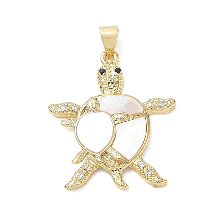 Pendentifs en laiton zircon cubique micro pavé noir, avec coque blanche naturelle, charmes de tortue, plaqué longue durée, crémaillère plaquage, sans plomb et sans cadmium
