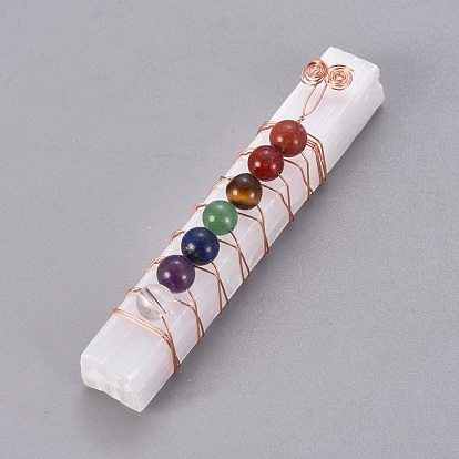 Chakra Jewelry, Natural Selenite Home Decorations, Energy Wands, for Meditation Yoga and Balancing, with Brass Wire Wrapped and Natural Gemstone Round Beads, Rectangle